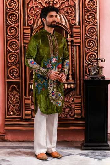 Buy_Yajy By Aditya Jain_Olive Green Velvet Mayur Utsav Peacock Embroidered Kurta And Pant Set _at_Aza_Fashions
