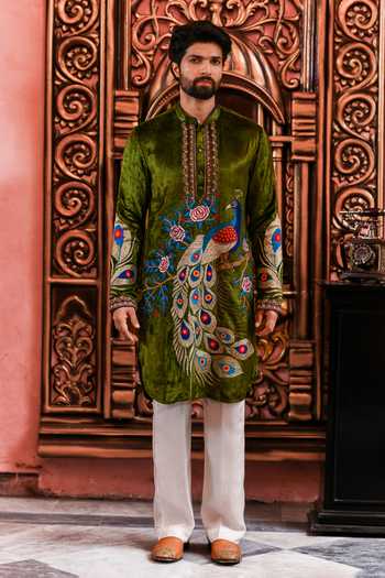 Shop_Yajy By Aditya Jain_Olive Green Velvet Mayur Utsav Peacock Embroidered Kurta And Pant Set _Online_at_Aza_Fashions