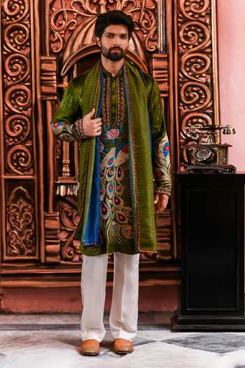 Buy_Yajy By Aditya Jain_Olive Green Velvet Mayur Utsav Peacock Embroidered Kurta Set _at_Aza_Fashions