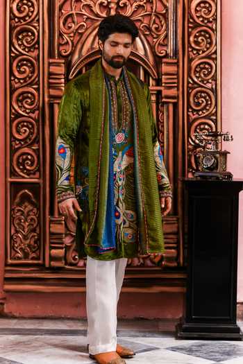 Shop_Yajy By Aditya Jain_Olive Green Velvet Mayur Utsav Peacock Embroidered Kurta Set _at_Aza_Fashions