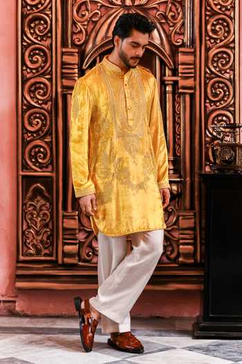 Shop_Yajy By Aditya Jain_Yellow Velvet Agniborsho Embroidered Kurta And Pant Set _at_Aza_Fashions