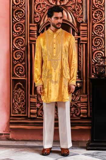 Buy_Yajy By Aditya Jain_Yellow Velvet Agniborsho Embroidered Kurta And Pant Set _Online_at_Aza_Fashions