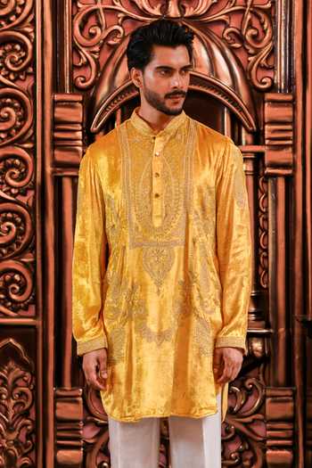 Shop_Yajy By Aditya Jain_Yellow Velvet Agniborsho Embroidered Kurta And Pant Set _Online_at_Aza_Fashions