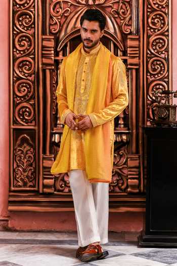 Shop_Yajy By Aditya Jain_Yellow Velvet Agniborsho Embroidered Kurta Set _Online_at_Aza_Fashions