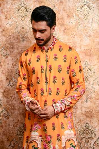 Buy_Yajy By Aditya Jain_Yellow Muslin Boish Aura Printed Kurta And Pant Set _Online_at_Aza_Fashions