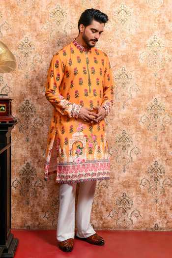 Shop_Yajy By Aditya Jain_Yellow Muslin Boish Aura Printed Kurta And Pant Set _Online_at_Aza_Fashions