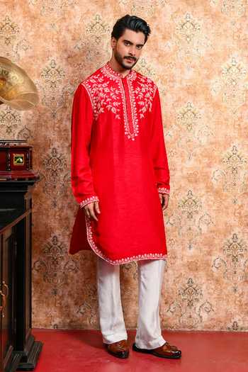 Buy_Yajy By Aditya Jain_Red Silk Baisara Embroidered Kurta And Pant Set _at_Aza_Fashions
