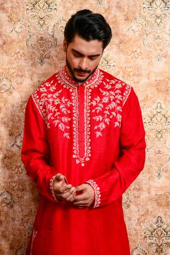 Buy_Yajy By Aditya Jain_Red Silk Baisara Embroidered Kurta And Pant Set _Online_at_Aza_Fashions