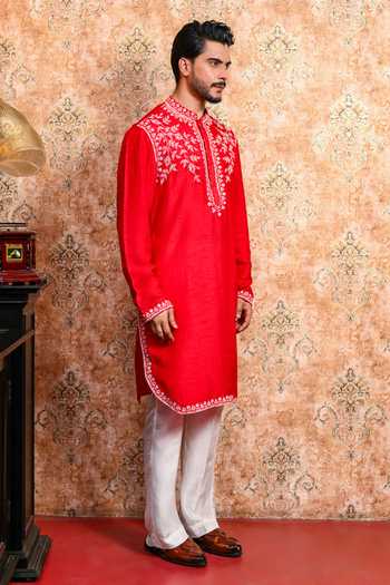 Yajy By Aditya Jain_Red Silk Baisara Embroidered Kurta And Pant Set _at_Aza_Fashions