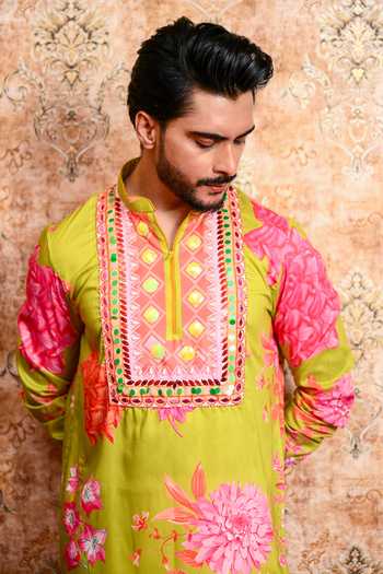 Buy_Yajy By Aditya Jain_Green Muslin Anondomoy Printed Kurta And Pant Set _Online_at_Aza_Fashions