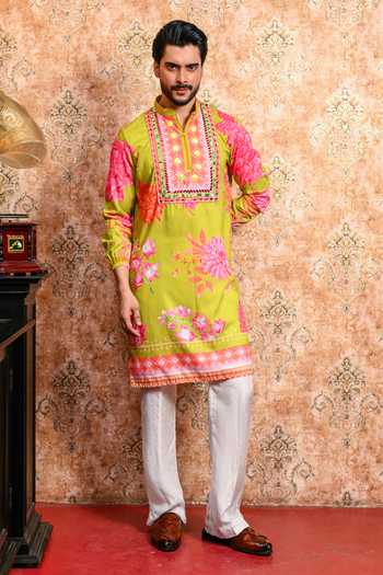 Buy_Yajy By Aditya Jain_Green Muslin Anondomoy Printed Kurta And Pant Set _at_Aza_Fashions