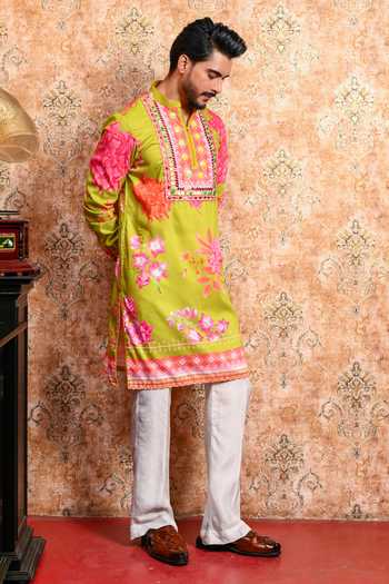 Yajy By Aditya Jain_Green Muslin Anondomoy Printed Kurta And Pant Set _at_Aza_Fashions