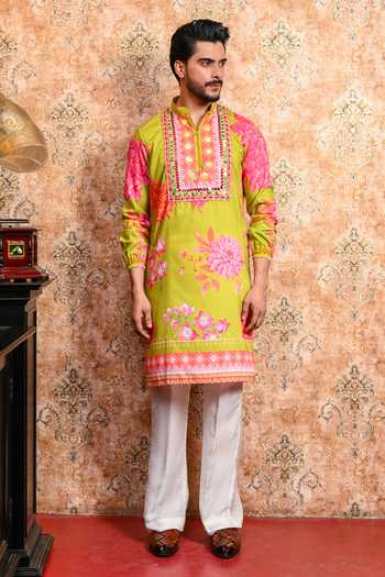 Buy_Yajy By Aditya Jain_Green Muslin Anondomoy Printed Kurta And Pant Set 