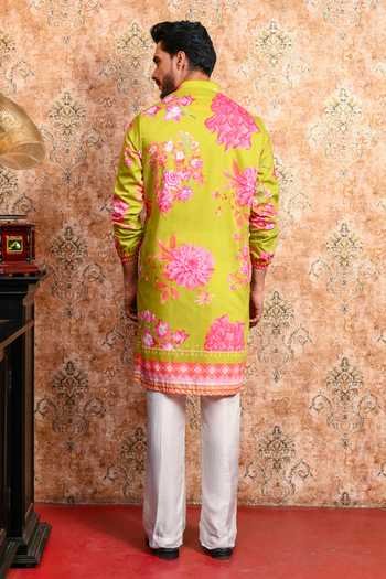 Shop_Yajy By Aditya Jain_Green Muslin Anondomoy Printed Kurta And Pant Set _at_Aza_Fashions