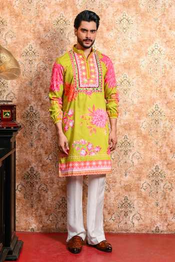 Yajy By Aditya Jain_Green Muslin Anondomoy Printed Kurta And Pant Set _Online