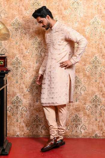 Buy_Yajy By Aditya Jain_Pink Silk, Tissue Madhurima Printed Kurta Set _Online_at_Aza_Fashions