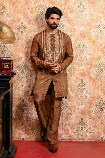 Buy_Yajy By Aditya Jain_Brown Silk, Tissue Rituchakra Embroidered Kurta And Pant Set _at_Aza_Fashions