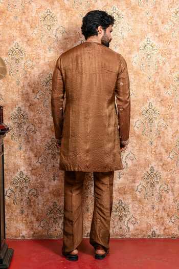 Shop_Yajy By Aditya Jain_Brown Silk, Tissue Rituchakra Embroidered Kurta And Pant Set _at_Aza_Fashions