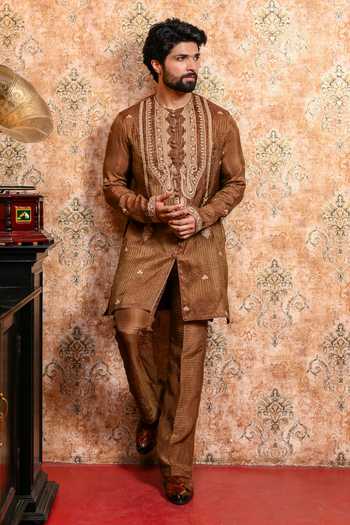 Yajy By Aditya Jain_Brown Silk, Tissue Rituchakra Embroidered Kurta And Pant Set _at_Aza_Fashions