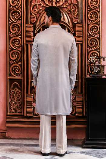 Shop_Yajy By Aditya Jain_Blue Silk Neelkomol Rose Embroidered Placket Kurta Set _at_Aza_Fashions