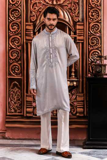 Buy_Yajy By Aditya Jain_Blue Silk Neelkomol Rose Embroidered Placket Kurta Set _Online_at_Aza_Fashions