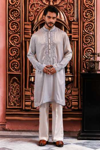 Buy_Yajy By Aditya Jain_Blue Silk Neelkomol Rose Embroidered Placket Kurta Set _at_Aza_Fashions