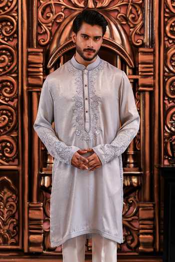 Shop_Yajy By Aditya Jain_Blue Silk Neelkomol Rose Embroidered Placket Kurta Set _Online_at_Aza_Fashions