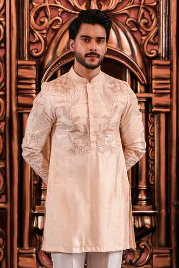 Buy_Yajy By Aditya Jain_Peach Silk Rituja Embroidered Kurta And Pant Set _Online_at_Aza_Fashions
