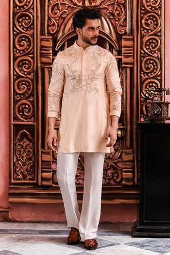 Shop_Yajy By Aditya Jain_Peach Silk Rituja Embroidered Kurta And Pant Set _Online_at_Aza_Fashions