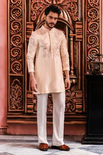Shop_Yajy By Aditya Jain_Peach Silk Rituja Embroidered Kurta And Pant Set _at_Aza_Fashions