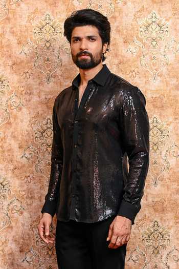 Buy_Yajy By Aditya Jain_Black Georgette Nabo Kaalo Jhilimili Sequin Shirt _at_Aza_Fashions