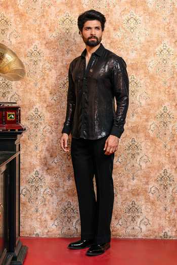 Shop_Yajy By Aditya Jain_Black Georgette Nabo Kaalo Jhilimili Sequin Shirt _at_Aza_Fashions