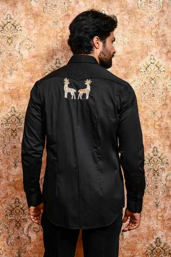 Shop_Yajy By Aditya Jain_Black Cotton Mrig Chhaya Embroidered Shirt _at_Aza_Fashions