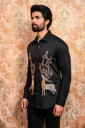 Buy_Yajy By Aditya Jain_Black Cotton Mrig Chhaya Embroidered Shirt _Online_at_Aza_Fashions