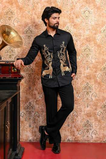 Shop_Yajy By Aditya Jain_Black Cotton Mrig Chhaya Embroidered Shirt _Online_at_Aza_Fashions