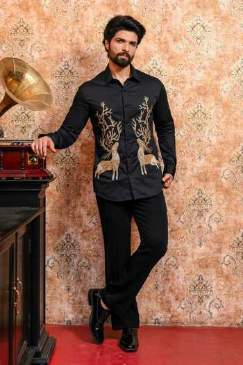 Yajy By Aditya Jain_Black Cotton Mrig Chhaya Embroidered Shirt _at_Aza_Fashions