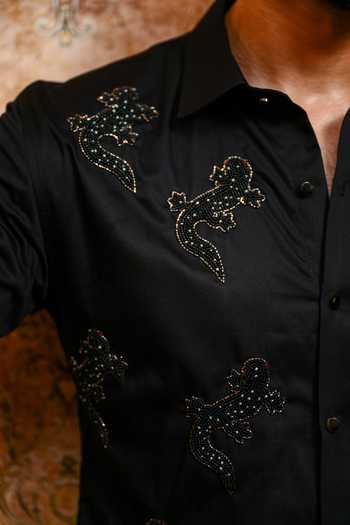 Yajy By Aditya Jain_Black Cotton Nobo Tiktiki Utsav Embroidered Shirt _Online_at_Aza_Fashions