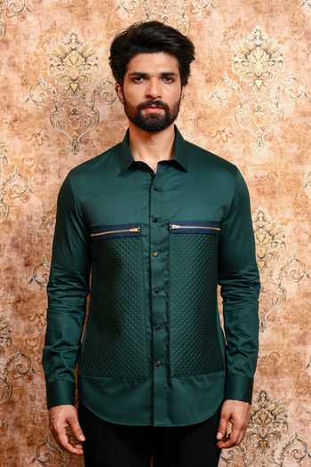 Buy_Yajy By Aditya Jain_Emerald Green Cotton Shobhuj Panna Quilted Panel Shirt _at_Aza_Fashions