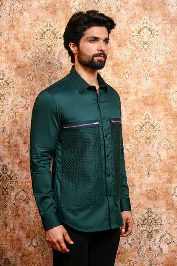 Yajy By Aditya Jain_Emerald Green Cotton Shobhuj Panna Quilted Panel Shirt _Online_at_Aza_Fashions