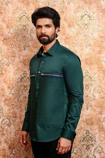 Buy_Yajy By Aditya Jain_Emerald Green Cotton Shobhuj Panna Quilted Panel Shirt _Online_at_Aza_Fashions