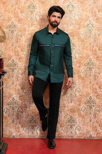 Shop_Yajy By Aditya Jain_Emerald Green Cotton Shobhuj Panna Quilted Panel Shirt _Online_at_Aza_Fashions