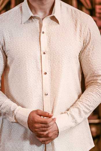 Yajy By Aditya Jain_Ivory Silk Alpona Resham Embroidered Shirt _Online_at_Aza_Fashions