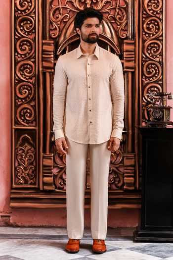 Shop_Yajy By Aditya Jain_Ivory Silk Alpona Resham Embroidered Shirt _at_Aza_Fashions