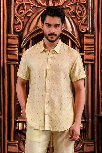 Buy_Yajy By Aditya Jain_Green Silk Baishara Banarasi Weave Shirt _at_Aza_Fashions