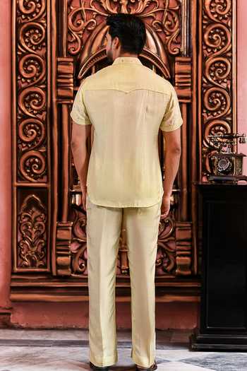 Shop_Yajy By Aditya Jain_Green Silk Baishara Banarasi Weave Shirt _at_Aza_Fashions