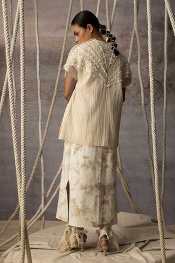 Shop_Kritika Murarka_Ivory Cotton Shawl Neck Crushed Lace Embroidered Top _at_Aza_Fashions