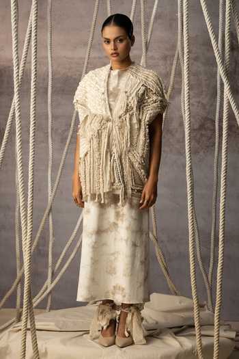 Kritika Murarka_Ivory Cotton Shawl Neck Crushed Lace Embroidered Top _at_Aza_Fashions