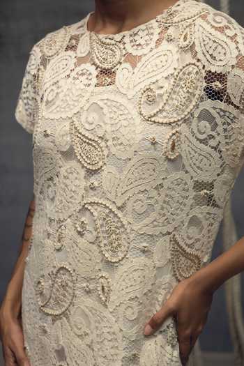 Buy_Kritika Murarka_Ivory Lace, Cotton Round Neck Paisley Embroidered Dress _Online_at_Aza_Fashions