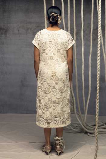 Shop_Kritika Murarka_Ivory Lace, Cotton Round Neck Paisley Embroidered Dress _at_Aza_Fashions