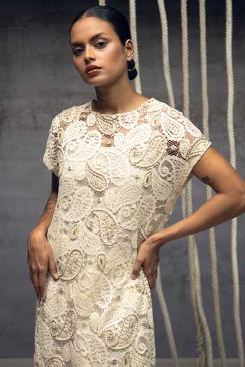 Shop_Kritika Murarka_Ivory Lace, Cotton Round Neck Paisley Embroidered Dress _Online_at_Aza_Fashions